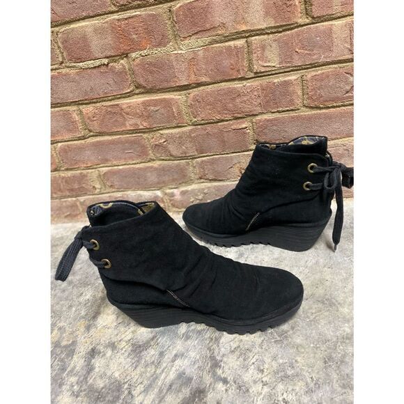 Fly London Black Leather - Suede Yama Wedge Ankle Bootie - Picture 5 of 8